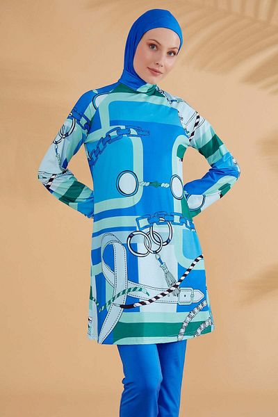 Neva Style Costum de baie cu model cu lanțuri, albastru, complet acoperit, hijab M2315SX