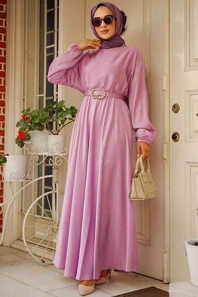 Neva Style - Rochie Hijab din Satin Liliac cu 5727