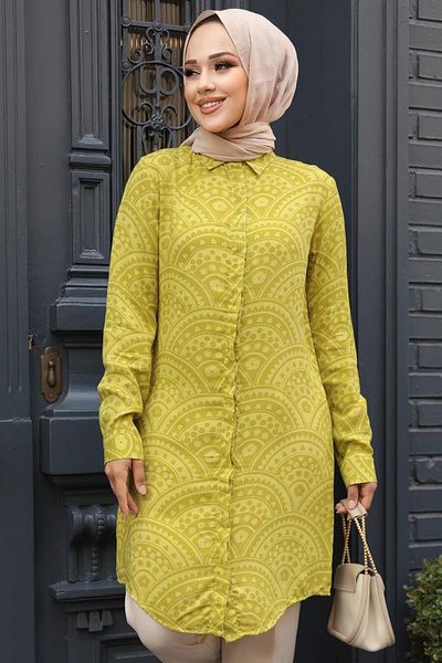 Neva Style تونيك حجاب فيسكوز منقوش باللون الأخضر الزيتي - 11703YY