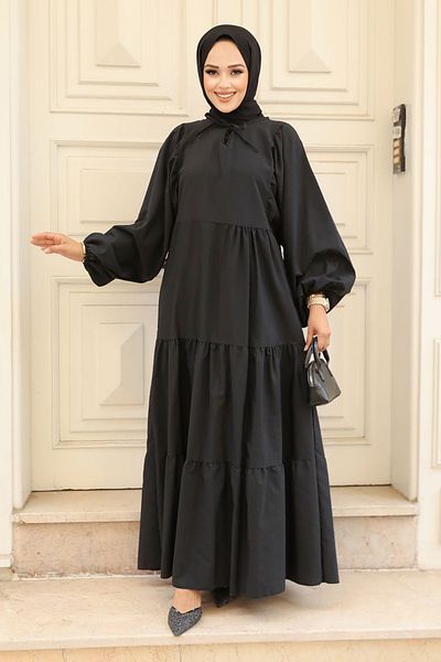 Neva Style Rochie din popelin hijab neagră cu mânecă cu balon 57349s