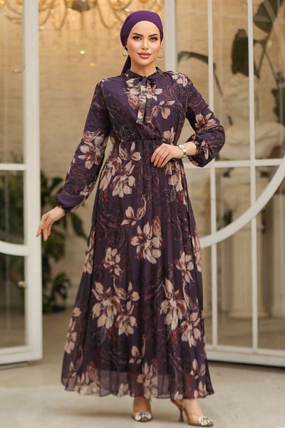 Neva Style Rochie Hijab Mov Inchis Cu Motiv Floral 50355KMOR
