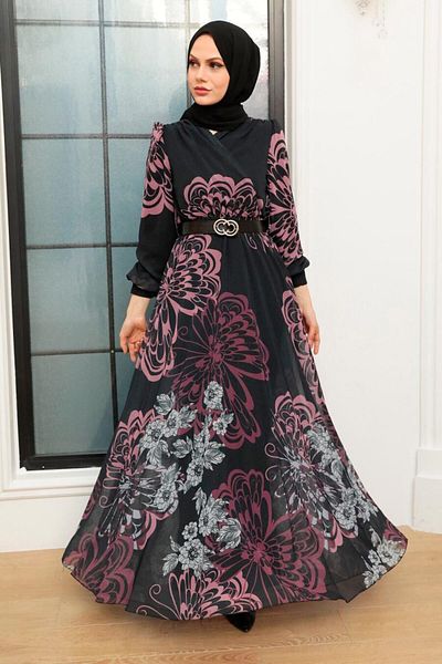 Neva Style Butterfly Patterned Dusty Rose Hijab Dress 3463Gk
