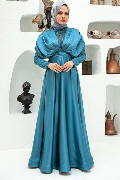 Neva Style Βραδινό φόρεμα με χάντρες Indigo Blue Hijab 22451ım