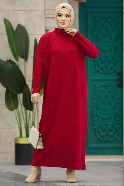 Neva Style - Rochie tricotată roșie cu guler înalt 34150k