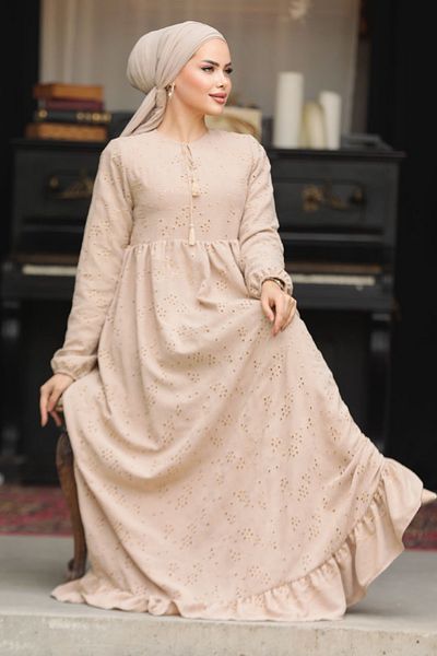 Neva Style Rochie Hijab Bej Guipurată 23201BEIG