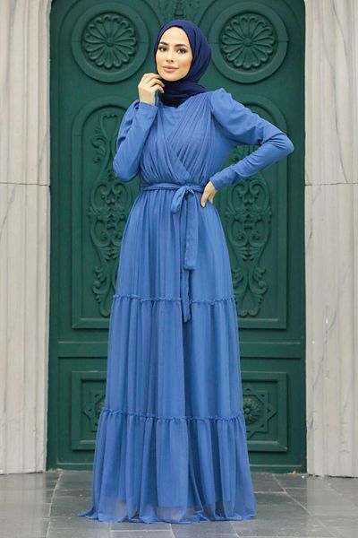 Neva Style Kat Pleated Indigo Blue Hijab Evening Dress 55621ım