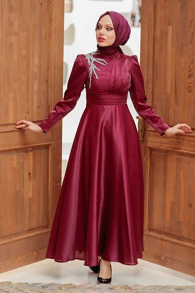 Neva Style Rochie de seara cu hijab - Rochie de seara musulmana din satin burgundy 22301br