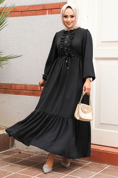 Neva Style Rochie Hijab Neagră - Detaliu Volane, Model 6731S