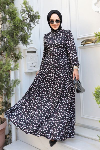 Neva Style Rochie Hijab Neagră - Motiv Floral, Model 61071S