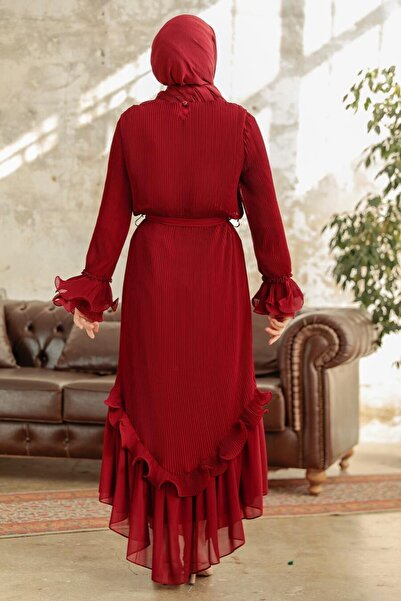 Neva Style Pleated Burgundy Hijab Dress 3856Br