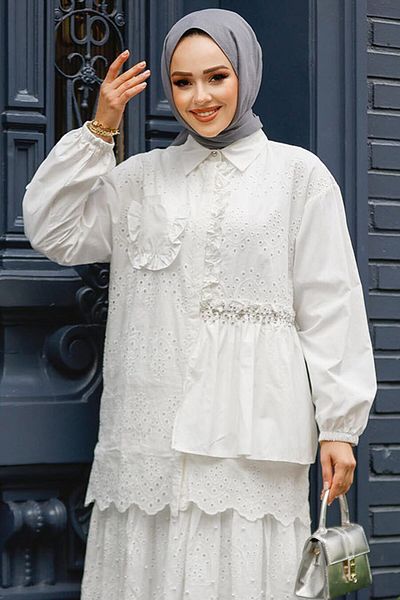 Neva Style Tunica Hijab cu dantela alba - 14261B
