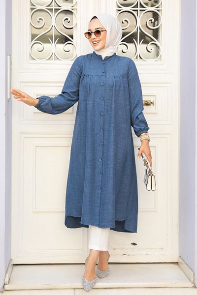 Neva Style تونيك حجاب أزرق نيلي بأزرار - 5642IM