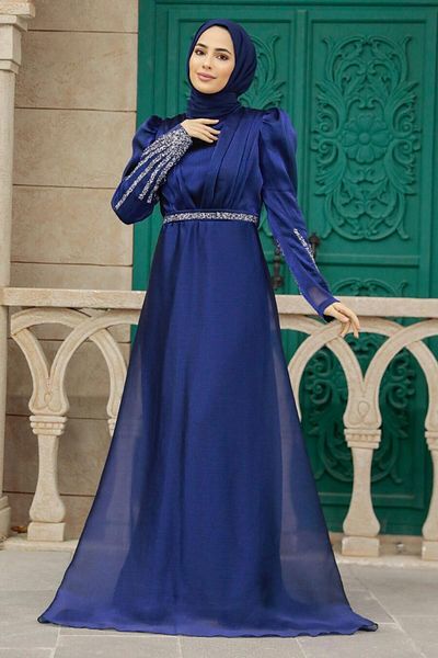 Neva Style Beaded Navy Blue Hijab Evening Dress 25854L