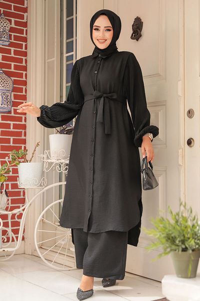Neva Style Set dublu Hijab negru - cu nasturi, 12581S