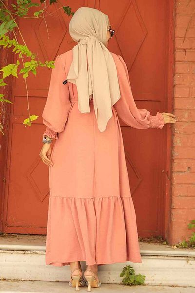 Neva Style Rochie Hijab Somon cu tiv cu volan 5972smn