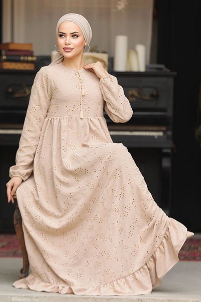 Neva Style Rochie Hijab Bej Guipurată 23201BEIG