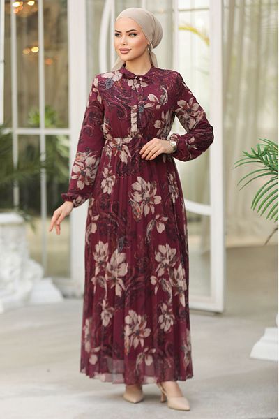 Neva Style Rochie Hijab Burgundy cu Motiv Floral 50355BR