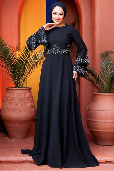 Neva Style Βραδινό φόρεμα με χάντρες μαύρο Hijab 9181s