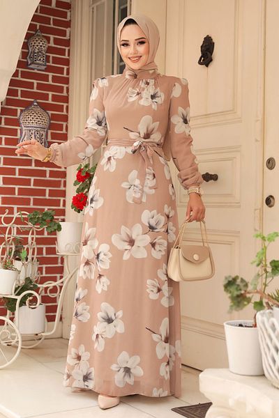 Neva Style Rochie Hijab Biscuit cu Motiv Floral 279314 bs