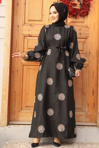 Neva Style 30442BKR Model Flower Patterned Copper Hijab Dress