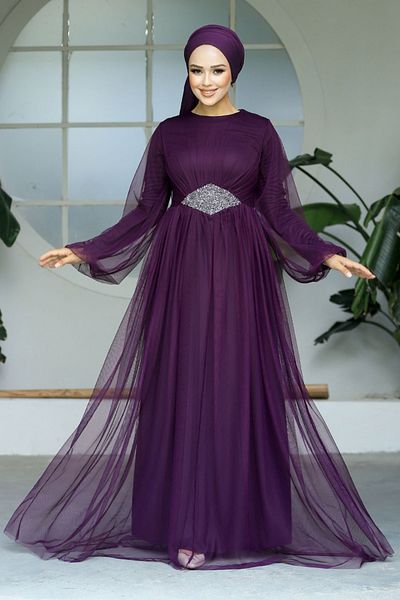 Neva Style Rochie de seara cu hijab - Rochie de seara musulmana din tul prune 54230mu