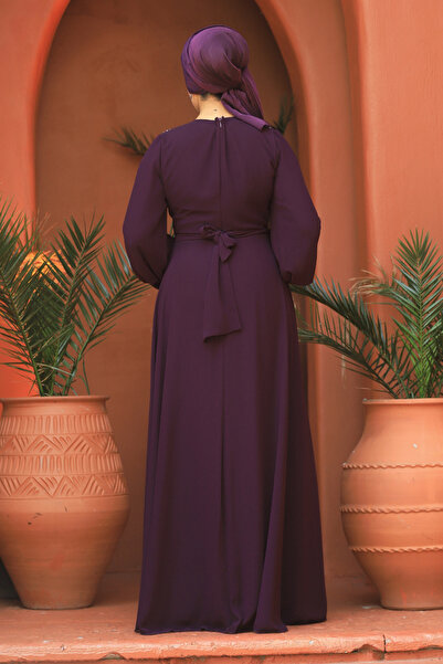 Neva Style Bead Detailed Plum Hijab Evening Dress 22153Mu