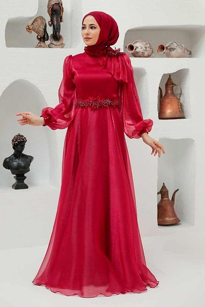 Neva Style Rochie de seara musulmana burgundy cu detaliu flori 22310br
