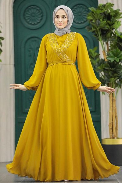 Neva Style Bead Detailed Mustard Hijab Evening Dress 22153Hr