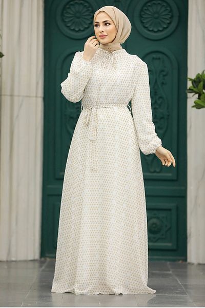 Neva Style Patterned Beige Hijab Dress 279084 Beige