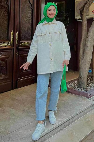 Neva Style سترة حجاب كريمية بأزرار 9255kr