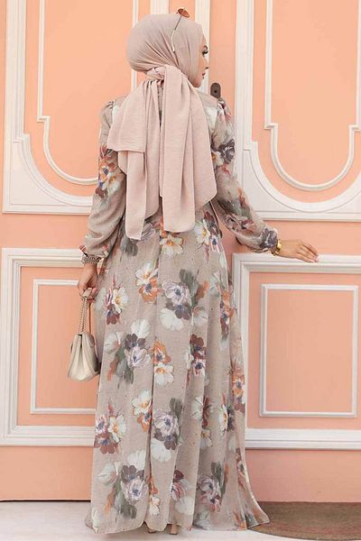 Neva Style Floral Patterned Mink Hijab Dress 27926V