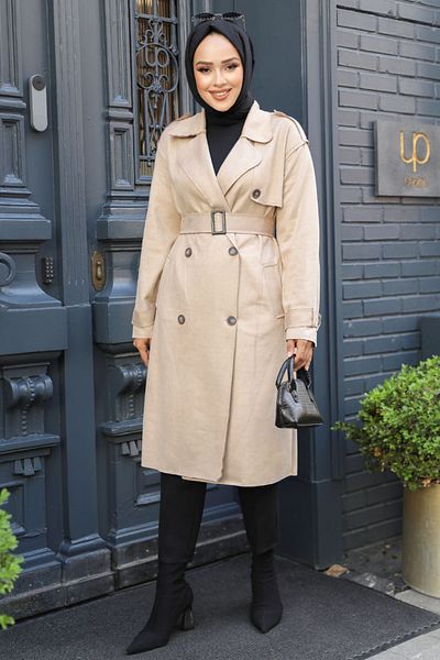 Neva Style Trenci Hijab din piele intoarsa bej - Curea, Model 72091BEJ