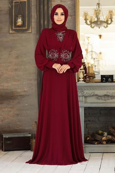 Neva Style Lacy Burgundy Hijab Evening Dress 9118Br