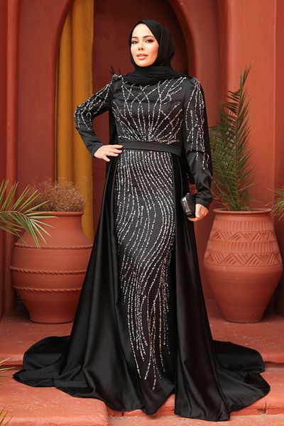 Neva Style Black Hijab Evening Dress with Tail 45621S