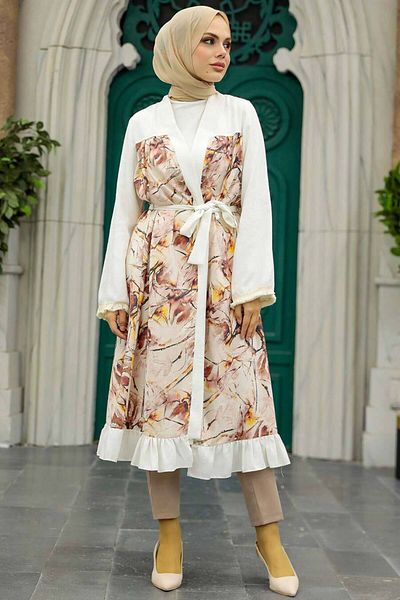 Neva Style Patterned Hijab Kimono - 86510Dsn