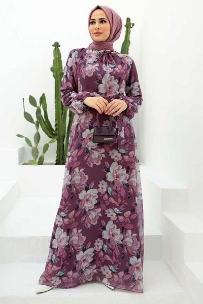 Neva Style Floral Patterned Dark Rose Hijab Dress 279015 Kgk