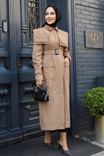 Neva Style Camel Hijab Trench Coat - Sailor Collar Detail, Model 19023C