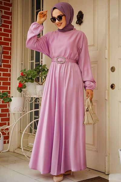 Neva Style - Rochie Hijab din Satin Liliac cu 5727