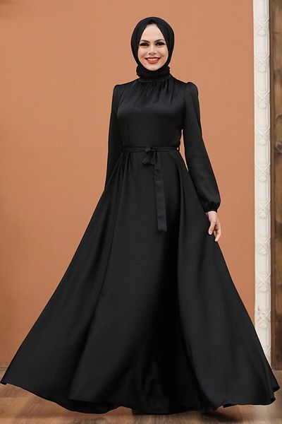 Neva Style Rochie de seara din satin cu maneca cu balon neagra 25131s