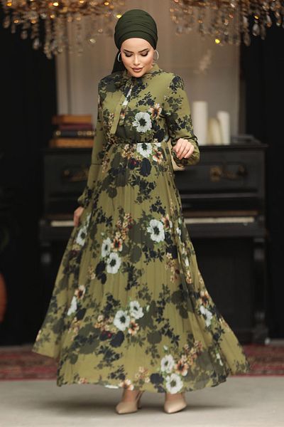 Neva Style Rochie Hijab kaki cu imprimeu floral 22352HK