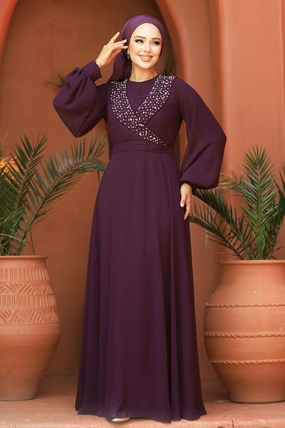 Neva Style Rochie de seara cu hijab - Rochie de seara musulmana prune cu margele 22153mu