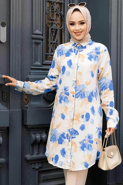 Neva Style Tunica Hijab cu model albastru - 11697M