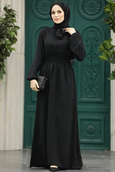 Neva Style Rochie neagră hijab cu guler cravată 5973s