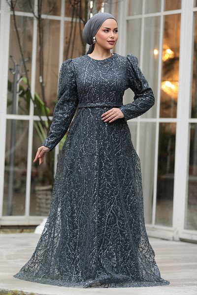 Neva Style Beaded Anthracite Hijab Evening Dress 23091Ant