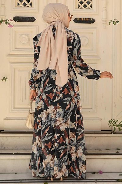 Neva Style Rochie neagră cu hijab cu modele florale 27941s