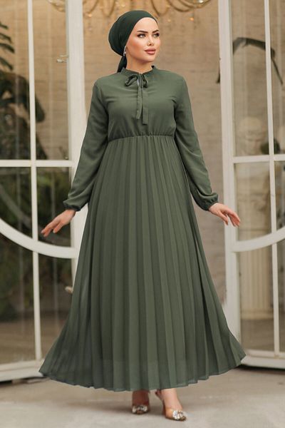 Neva Style Rochie islamică kaki cu guler legat 50351HK