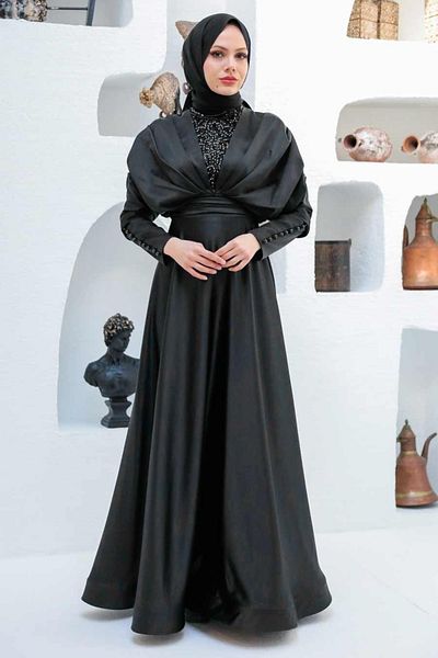 Neva Style Rochie de seara neagra cu margele brodate 22451s