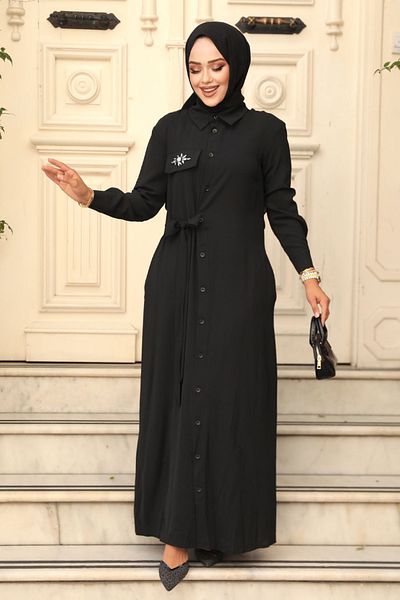 Neva Style Rochie Hijab Neagra - Nasturi, Model 12504S