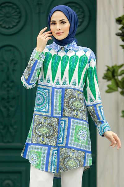 Neva Style Tunica albastra din vascoza hijab cu model 11618m