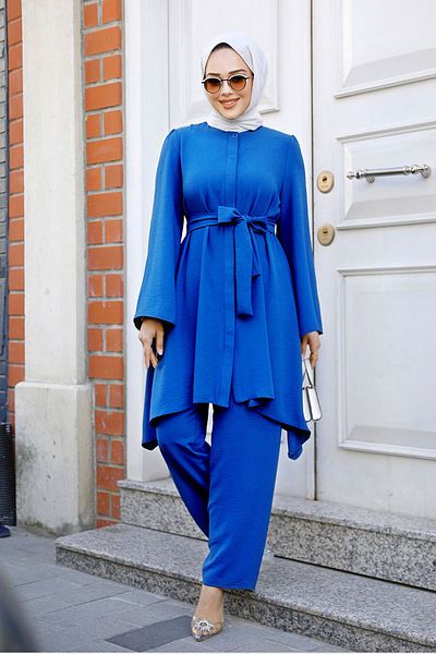 Neva Style Set dublu Hijab asimetric albastru - 65875M